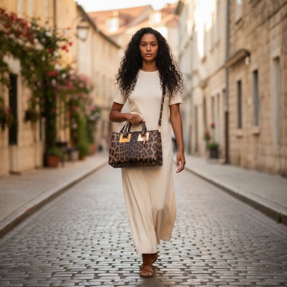 Designer Sophia Hulme Leopard Print Multi Color Leather Med Size Tote Bag - Picture 2 of 15